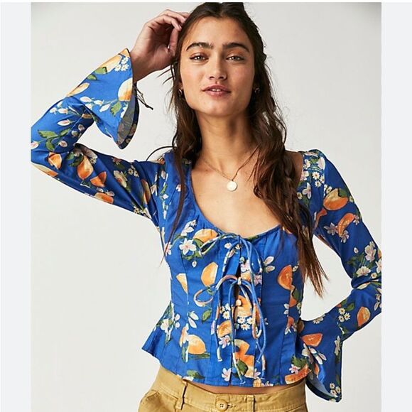 Free People Kayla Pintuck Orange Print Long Sleeve Size Extra Small - Picture 1 of 6